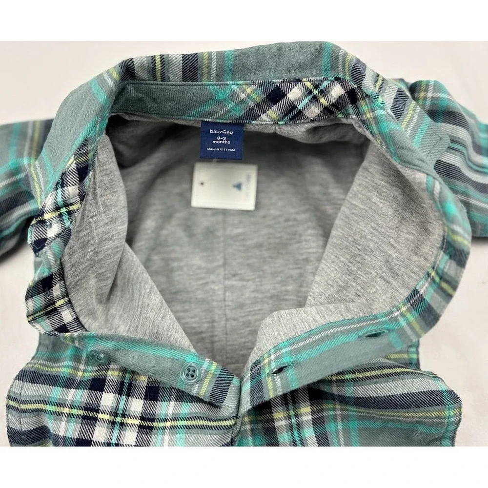 Baby Gap‎ Plaid Longall Outfit 0 3 Mos Lined Gray 1pc Romper Blue Green Collared